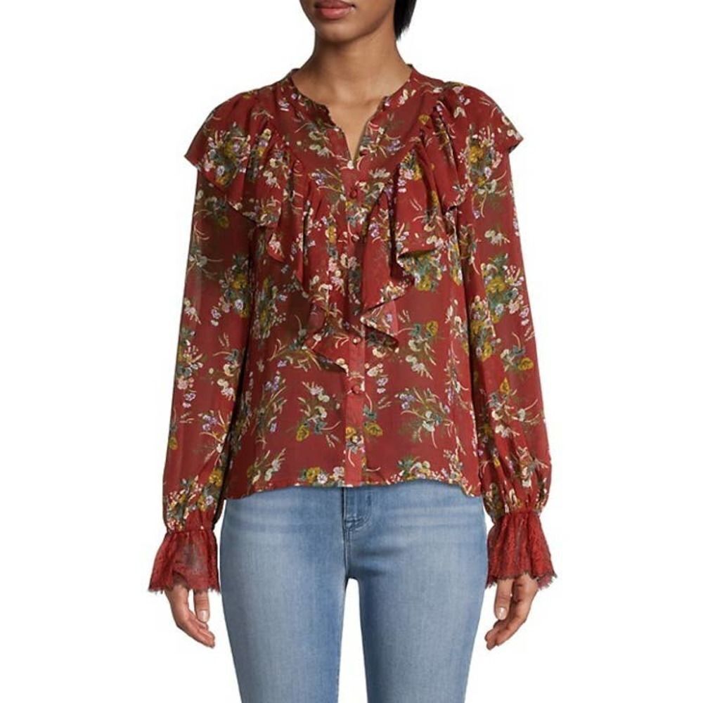 Allison New York Floral Ruffle Floral Blouse Maroon